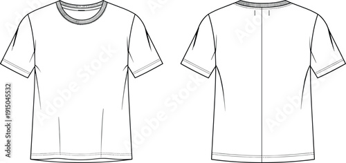 Front and back view technical drawing of classic crew neck t shirt, fashion flat apparel line illustration