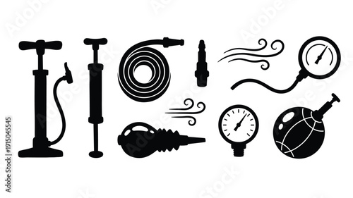 Set of air pump tools and accessories vector icons, including gauges and hoses