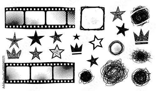 Punk grunge film strip and halftone collage vector collection