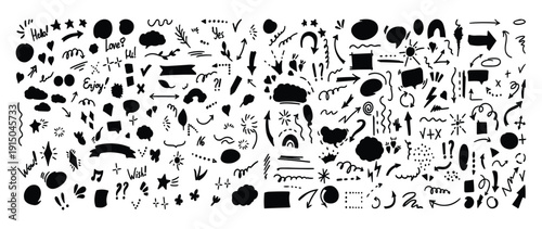 Hand drawn doodle elements set with arrows speech bubbles hearts and decorative strokes