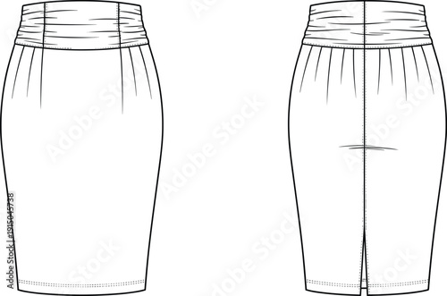 Front and back view technical drawing of women high waist pencil skirt, fashion flat apparel line illustration, vector outline