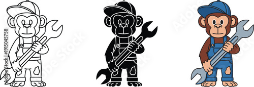 Skilled monkey mechanic holding a large wrench, wearing overalls and cap, cartoon vector illustration representing repair and hard work.