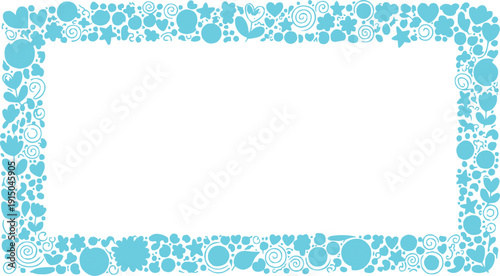 The image features a decorative rectangular frame made up of various small, light blue icons, such as hearts, stars, circles, leaves, and other whimsical shapes
