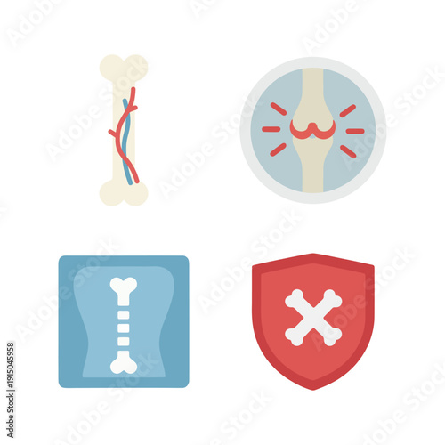 Orthopedic health icons featuring human bone, joint inflammation, x-ray scan, and bone protection shield.