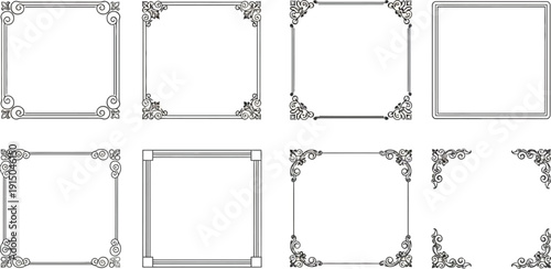 Collection of elegant square decorative borders and frames with ornate corner flourishes, classic design elements on white background