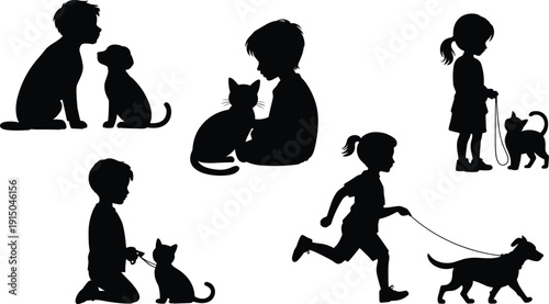 Silhouettes of children interacting with cats and dogs in various playful and affectionate scenes