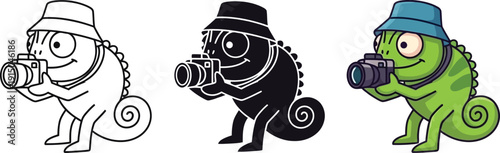Curious chameleon photographer in a bucket hat, holding a camera, colorful cartoon vector illustration for photography and exploration.