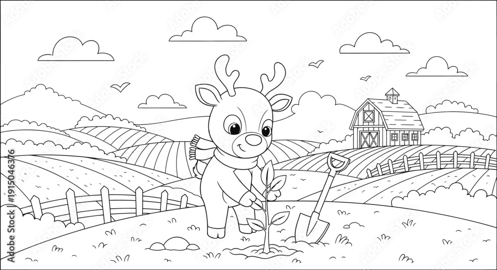 Fototapeta premium Cute Reindeer Standing in Rolling Fields with Village Background