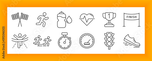 Running and fitness set icon. Flag, runners, water bottle, sweat drop, heart rate, trophy, stopwatch, shoe, finish line, and speedometer icons showing sport and competition elements.