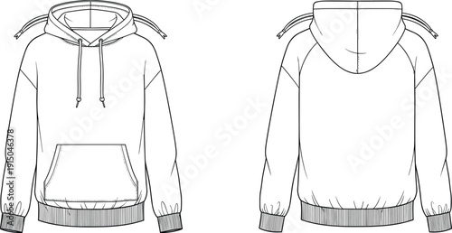 Hooded sweatshirt technical illustration, front and back view, pullover hoodie with drawstring pocket casual fashion apparel line drawing isolated on white background