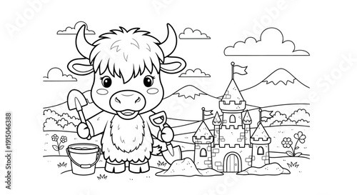 Cute Cartoon Calf and Fairy Tale Castle Scene