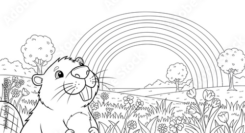 Adorable cartoon lion cub in lush nature setting with rainbow