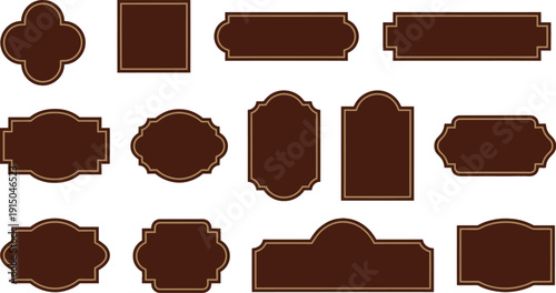 Collection of dark brown vintage-style labels and frames with gold outlines, offering diverse shapes for branding and design projects