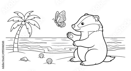 Cute Baby Otter Sitting by Beach with Palm Tree and Butterfly