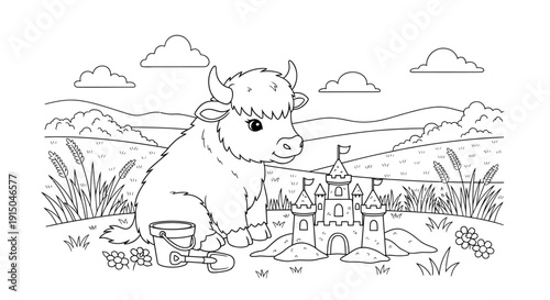 Cute Calf Building Sandcastle in a Rural Landscape