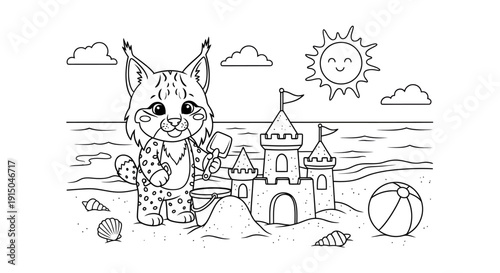 Cute Cat Playing With Sandcastle and Beach Ball at the Beach