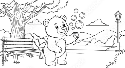 Cute Bear Cub Blowing Bubbles in Park Scene