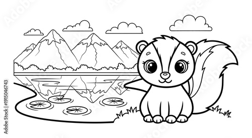 Adorable Squirrel by Mountain Lake Scene in Black and White