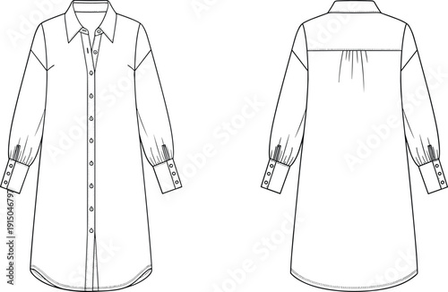 Long sleeve button down shirt dress technical fashion flat sketch front and back view casual womenswear apparel illustration vector outline