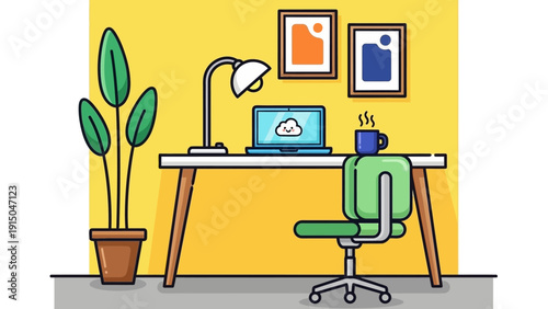 Modern Home Office Setup with Laptop, Desk, Chair, and Plant.