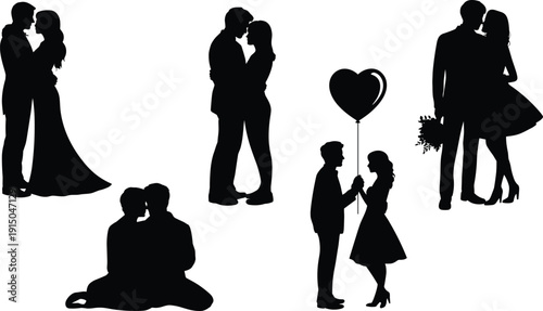 Silhouettes of couples in romantic poses with a heart balloon and flowers