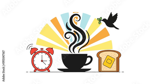 Morning routine with coffee toast alarm clock and bird.