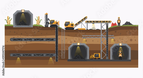 Cross-section illustration of underground mining operations with tunnels and machinery.