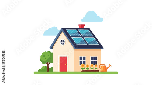 Eco-Friendly House with Solar Panels and Garden.
