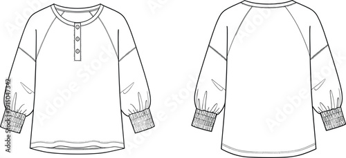 Long sleeve raglan top technical fashion flat sketch front and back view casual womenswear apparel illustration vector outline