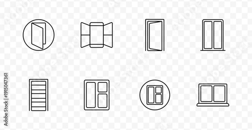 Window types and openings set icon. Panels, shutters, sliding frames, and circular outlines depict various architectural window designs and structural visual styles