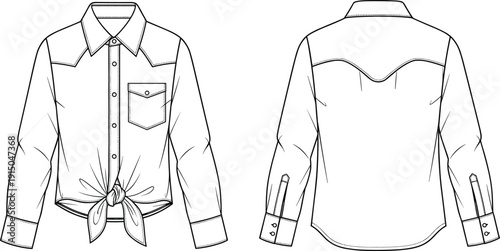 Long sleeve tied front shirt technical fashion flat sketch front and back view western casual womenswear apparel illustration vector outline
