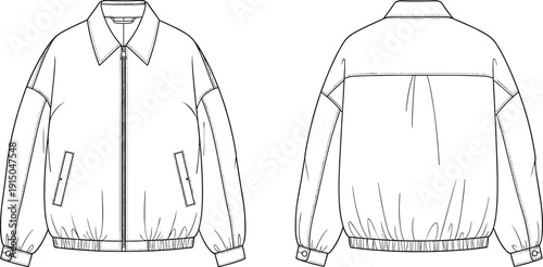 Men bomber jacket technical fashion illustration, front and back view, zip up casual outerwear garment flat sketch vector