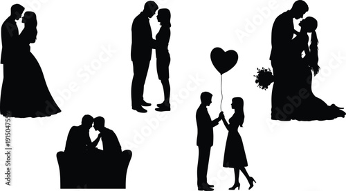 Silhouettes of couples in romantic poses with heart balloon and bouquet on white background