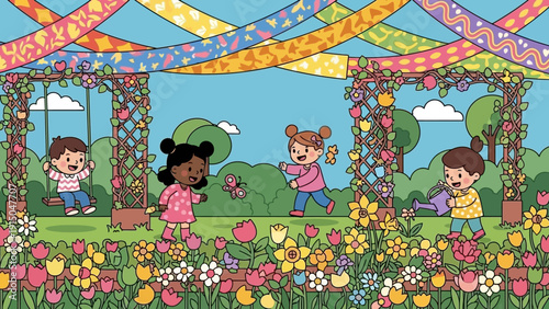 Four diverse children playing happily in a vibrant flower garden.