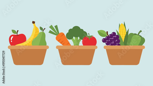 Fresh fruits and vegetables in wooden baskets.
