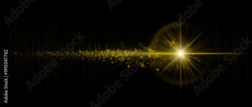 Dynamic optical flare with scattered glowing particles and strong luminous beam. Suitable for cinematic overlays, futuristic lighting, and motion graphics.