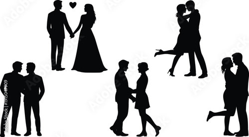 Silhouettes of couples in various romantic poses and interactions on a white background love heart