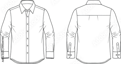 Men classic long sleeve shirt technical fashion illustration, front and back view, button down formal garment flat sketch vector