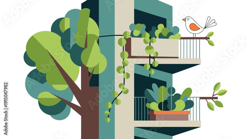 Green building with lush plants and a tree, promoting sustainable living and urban nature.