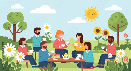 Group of diverse friends enjoying a delightful outdoor tea party in a vibrant garden setting.