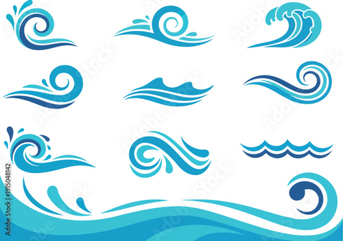 Set of stylized blue water wave icons and elements, perfect for aquatic themes, branding, and design.