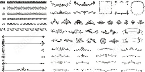 Elegant vintage ornamental borders, dividers, flourishes, and frames for classic design projects.
