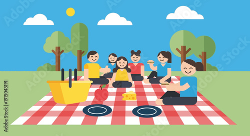 Group of friends enjoying a picnic outdoors on a checkered blanket.