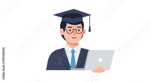 Graduate Student in Cap and Gown Using Laptop for Online Learning
