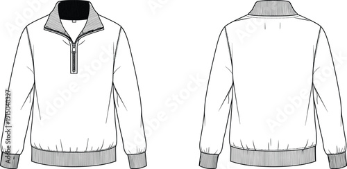 Men half zip sweater technical illustration, front and back view, long sleeve knit pullover fashion apparel line drawing isolated on white background