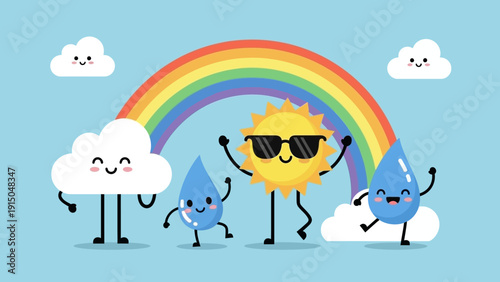 Happy cartoon sun, clouds, and raindrops under a vibrant rainbow.