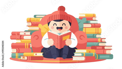 Happy child reading a book surrounded by many books.