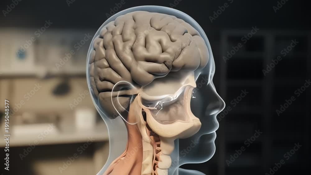Transparent human head profile showing brain and neck anatomy in a ...