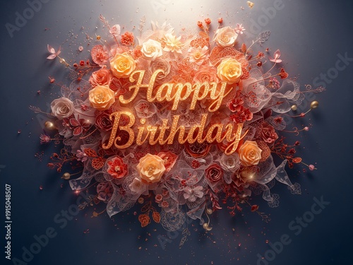 Glowing golden Happy Birthday typography nestled within a lush bouquet of magical flowers and shimmering light. 