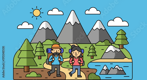 Happy couple hiking through a scenic mountain landscape.